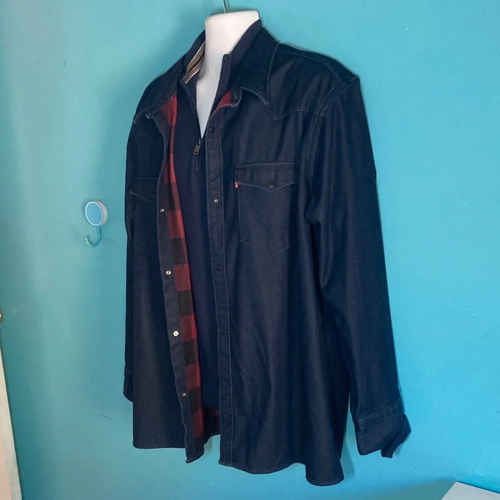 Levis Mens Size XXL Dark Blue Denim Cotton Lined Jacket Snap Front Relaxed Fit